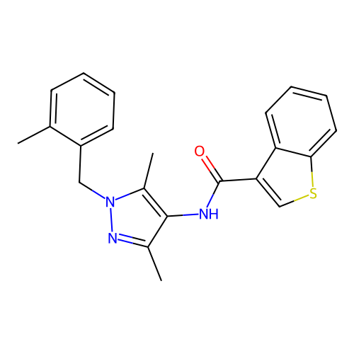 N-[3,5-dimethyl-1-[(2-methylphenyl)methyl]pyrazol-4-yl]-1-benzothiophene-3-carboxamide structure