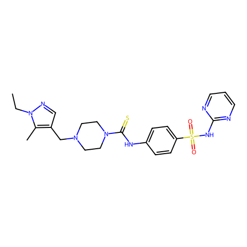 4-[(1-ethyl-5-methylpyrazol-4-yl)methyl]-N-[4-(pyrimidin-2-ylsulfamoyl)phenyl]piperazine-1-carbothioamide structure
