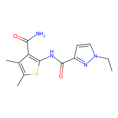 N-(3-carbamoyl-4,5-dimethylthiophen-2-yl)-1-ethylpyrazole-3-carboxamide structure