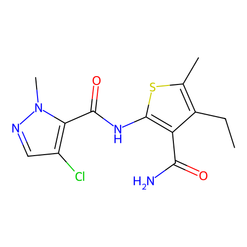 N-[3-(Aminocarbonyl)-4-ethyl-5-methyl-2-thienyl]-4-chloro-1-methyl-1H-pyrazole-5-carboxamide structure
