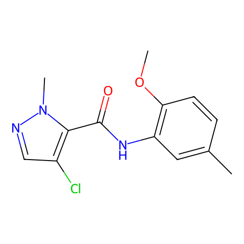 4-chloro-N-(2-methoxy-5-methylphenyl)-2-methylpyrazole-3-carboxamide structure