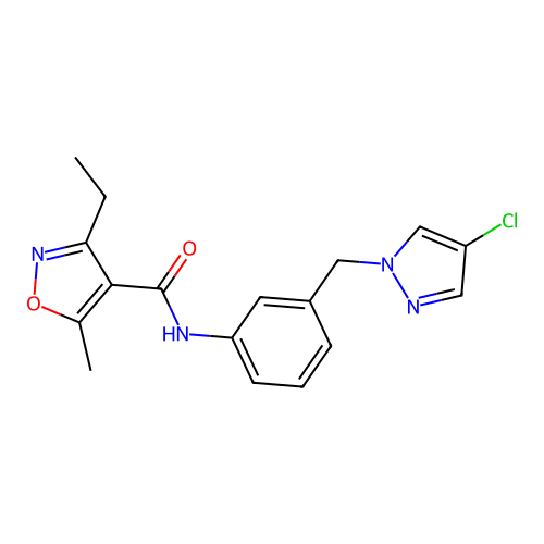 N-[3-[(4-chloropyrazol-1-yl)methyl]phenyl]-3-ethyl-5-methyl-1,2-oxazole-4-carboxamide structure
