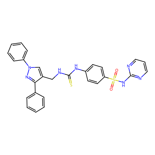 1-[(1,3-diphenylpyrazol-4-yl)methyl]-3-[4-(pyrimidin-2-ylsulfamoyl)phenyl]thiourea structure