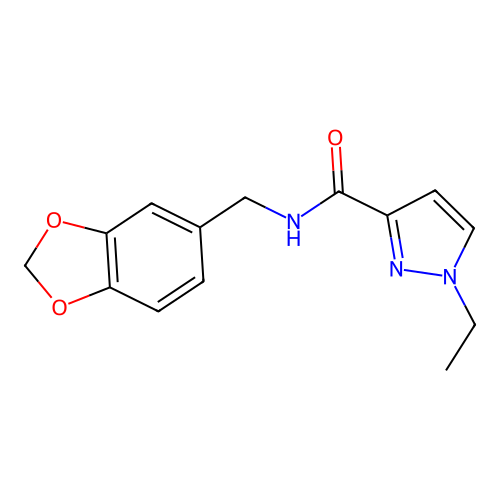 N-(1,3-benzodioxol-5-ylmethyl)-1-ethylpyrazole-3-carboxamide structure