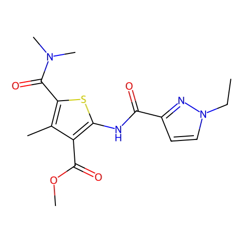 methyl 5-(dimethylcarbamoyl)-2-(1-ethyl-1H-pyrazole-3-carboxamido)-4-methylthiophene-3-carboxylate structure