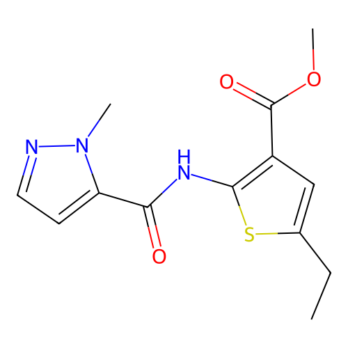 Methyl 5-ethyl-2-[(1-methylpyrazol-5-yl)carbonylamino]thiophene-3-carboxylate structure