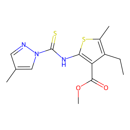 methyl 4-ethyl-5-methyl-2-(4-methyl-1H-pyrazole-1-carbothioamido)thiophene-3-carboxylate structure