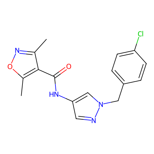 N-[1-[(4-chlorophenyl)methyl]pyrazol-4-yl]-3,5-dimethyl-1,2-oxazole-4-carboxamide structure