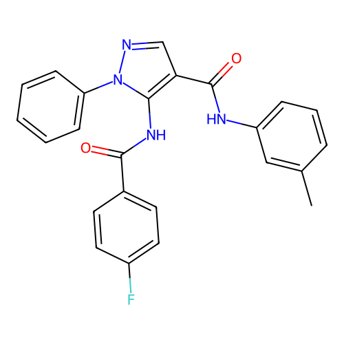 5-[(4-fluorobenzoyl)amino]-N-(3-methylphenyl)-1-phenylpyrazole-4-carboxamide structure