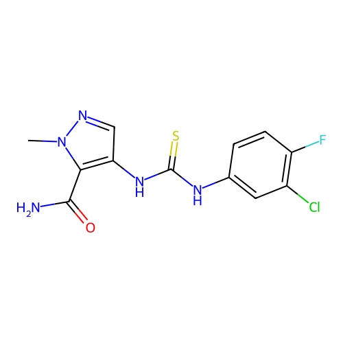 4-[(3-Chloro-4-fluorophenyl)carbamothioylamino]-2-methylpyrazole-3-carboxamide structure