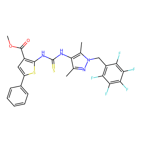 methyl 2-({[3,5-dimethyl-1-(pentafluorobenzyl)-1H-pyrazol-4-yl]carbamothioyl}amino)-5-phenylthiophene-3-carboxylate structure