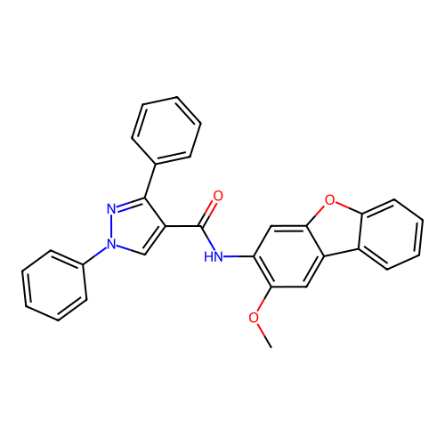 N-(2-methoxydibenzo[b,d]furan-3-yl)-1,3-diphenyl-1H-pyrazole-4-carboxamide structure