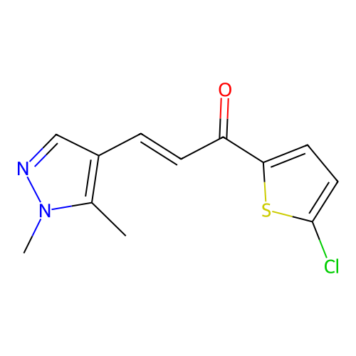 (E)-1-(5-chlorothiophen-2-yl)-3-(1,5-dimethylpyrazol-4-yl)prop-2-en-1-one structure