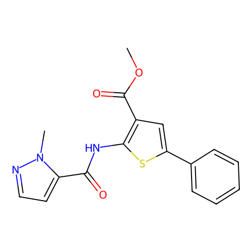 Methyl 2-[(1-methylpyrazol-5-yl)carbonylamino]-5-phenylthiophene-3-carboxylate structure