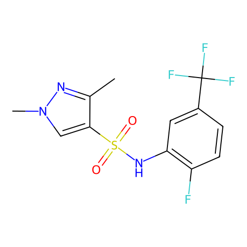 N-[2-fluoro-5-(trifluoromethyl)phenyl]-1,3-dimethylpyrazole-4-sulfonamide structure