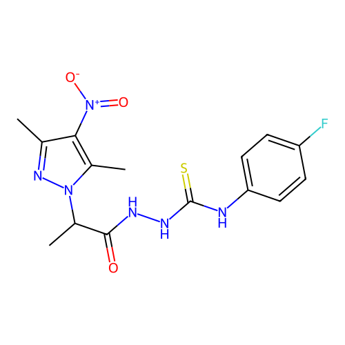 1-[2-(3,5-dimethyl-4-nitropyrazol-1-yl)propanoylamino]-3-(4-fluorophenyl)thiourea structure