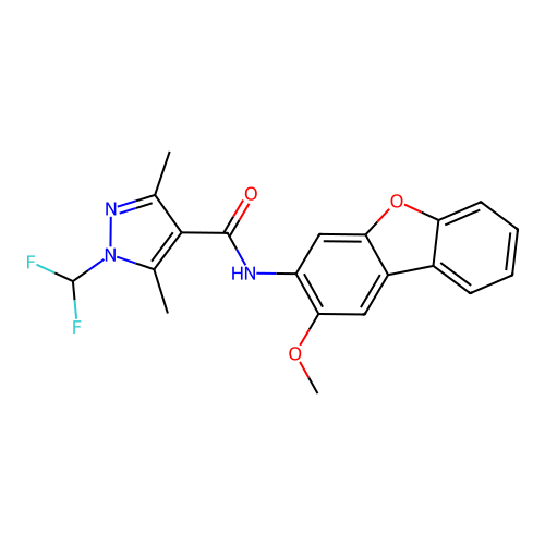 1-(difluoromethyl)-N-(2-methoxydibenzo[b,d]furan-3-yl)-3,5-dimethyl-1H-pyrazole-4-carboxamide structure