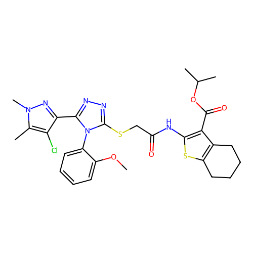isopropyl 2-[({[5-(4-chloro-1,5-dimethyl-1H-pyrazol-3-yl)-4-(2-methoxyphenyl)-4H-1,2,4-triazol-3-yl]sulfanyl}acetyl)amino]-4,5,6,7-tetrahydro-1-benzothiophene-3-carboxylate structure
