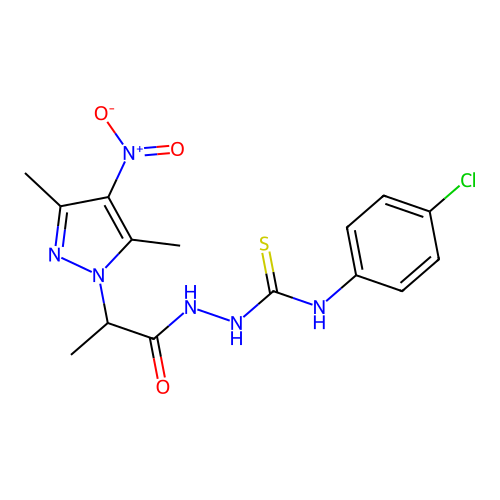 1-(4-chlorophenyl)-3-[2-(3,5-dimethyl-4-nitropyrazol-1-yl)propanoylamino]thiourea structure