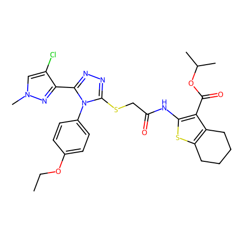 isopropyl 2-[({[5-(4-chloro-1-methyl-1H-pyrazol-3-yl)-4-(4-ethoxyphenyl)-4H-1,2,4-triazol-3-yl]sulfanyl}acetyl)amino]-4,5,6,7-tetrahydro-1-benzothiophene-3-carboxylate structure