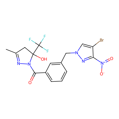 [3-[(4-bromo-3-nitropyrazol-1-yl)methyl]phenyl]-[5-hydroxy-3-methyl-5-(trifluoromethyl)-4H-pyrazol-1-yl]methanone structure