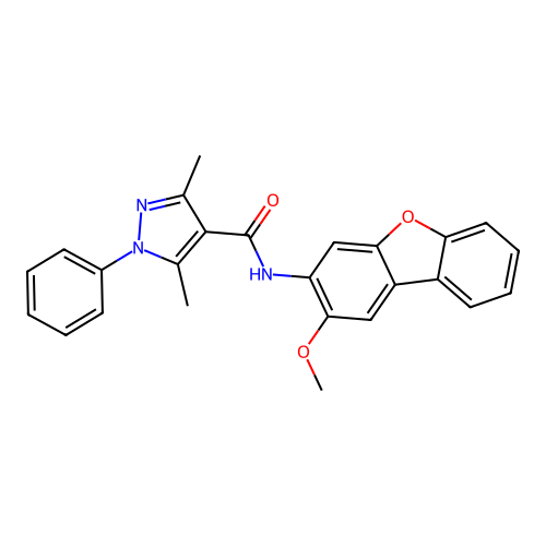 N-(2-methoxydibenzofuran-3-yl)-3,5-dimethyl-1-phenylpyrazole-4-carboxamide structure