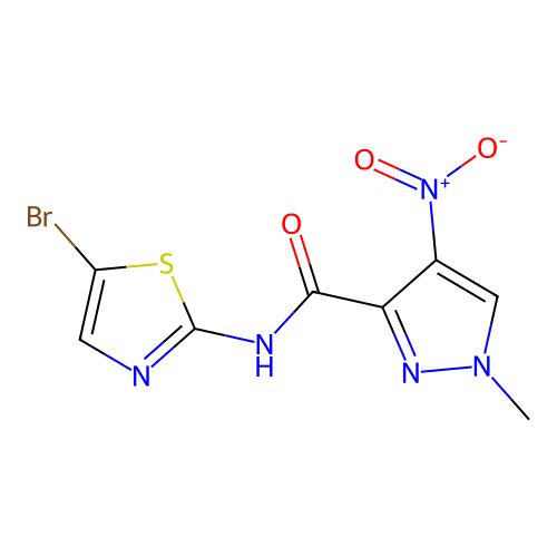 N-(5-bromo-1,3-thiazol-2-yl)-1-methyl-4-nitropyrazole-3-carboxamide structure
