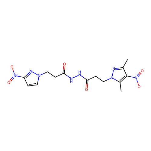 N'-(3-{4-nitro-3,5-dimethyl-1H-pyrazol-1-yl}propanoyl)-3-{3-nitro-1H-pyrazol-1-yl}propanohydrazide structure