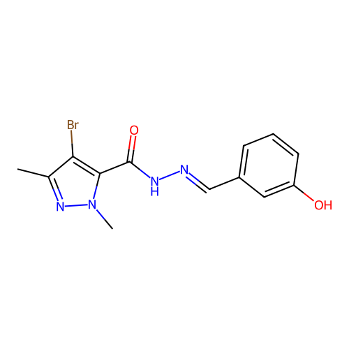 4-bromo-N-[(E)-(3-hydroxyphenyl)methylideneamino]-2,5-dimethylpyrazole-3-carboxamide structure