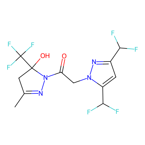 2-[3,5-bis(difluoromethyl)pyrazol-1-yl]-1-[5-hydroxy-3-methyl-5-(trifluoromethyl)-4H-pyrazol-1-yl]ethanone structure