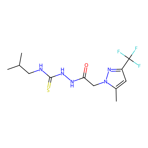1-(2-methylpropyl)-3-[[2-[5-methyl-3-(trifluoromethyl)pyrazol-1-yl]acetyl]amino]thiourea structure
