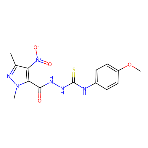 1-[(2,5-Dimethyl-4-nitropyrazole-3-carbonyl)amino]-3-(4-methoxyphenyl)thiourea structure