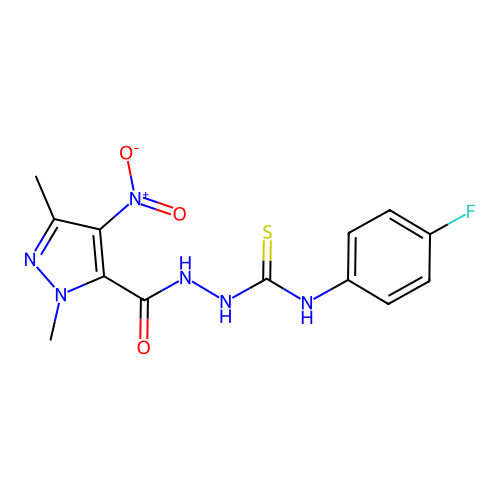 1-[(2,5-Dimethyl-4-nitropyrazole-3-carbonyl)amino]-3-(4-fluorophenyl)thiourea structure