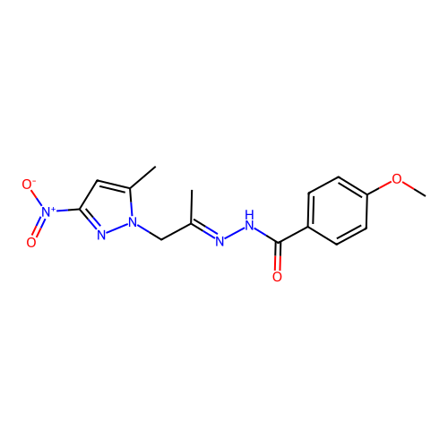 4-methoxy-N-[(E)-1-(5-methyl-3-nitropyrazol-1-yl)propan-2-ylideneamino]benzamide structure