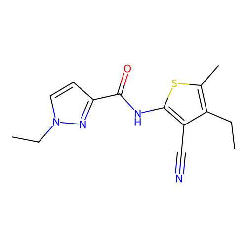 N-(3-cyano-4-ethyl-5-methylthiophen-2-yl)-1-ethylpyrazole-3-carboxamide structure