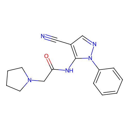 N-(4-cyano-1-phenyl-1H-pyrazol-5-yl)-2-(1-pyrrolidinyl)acetamide structure