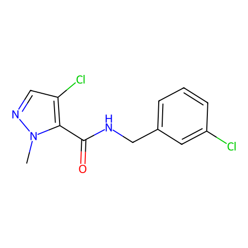 4-chloro-N-[(3-chlorophenyl)methyl]-2-methylpyrazole-3-carboxamide structure