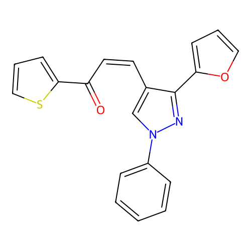 (Z)-3-[3-(furan-2-yl)-1-phenylpyrazol-4-yl]-1-thiophen-2-ylprop-2-en-1-one structure