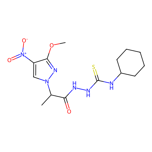 1-Cyclohexyl-3-[2-(3-methoxy-4-nitropyrazol-1-yl)propanoylamino]thiourea structure
