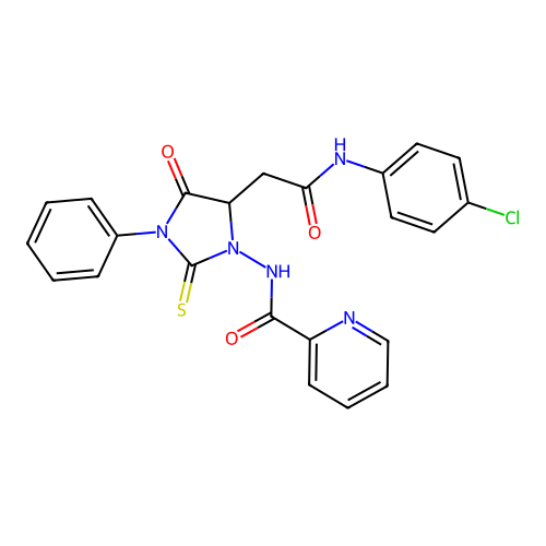 N-(5-{2-[(4-chlorophenyl)amino]-2-oxoethyl}-4-oxo-3-phenyl-2-thioxoimidazolidin-1-yl)pyridine-2-carboxamide structure
