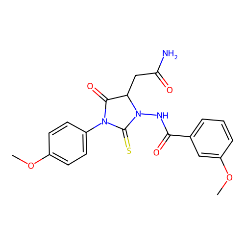N-[5-(2-amino-2-oxoethyl)-3-(4-methoxyphenyl)-4-oxo-2-sulfanylideneimidazolidin-1-yl]-3-methoxybenzamide structure