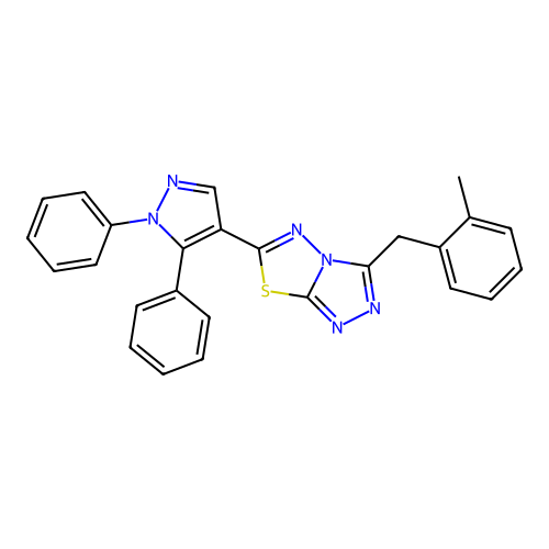 6-(1,5-diphenyl-1H-pyrazol-4-yl)-3-(2-methylbenzyl)[1,2,4]triazolo[3,4-b][1,3,4]thiadiazole structure