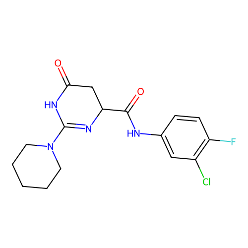 N-(3-chloro-4-fluorophenyl)-6-oxo-2-piperidin-1-yl-4,5-dihydro-1H-pyrimidine-4-carboxamide structure