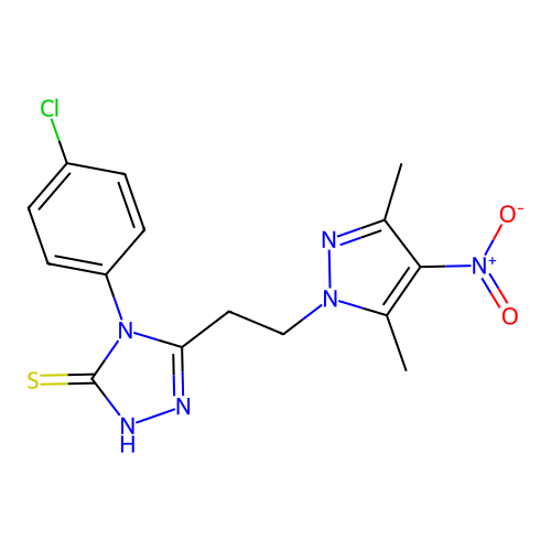 4-(4-chlorophenyl)-3-[2-(3,5-dimethyl-4-nitropyrazol-1-yl)ethyl]-1H-1,2,4-triazole-5-thione structure