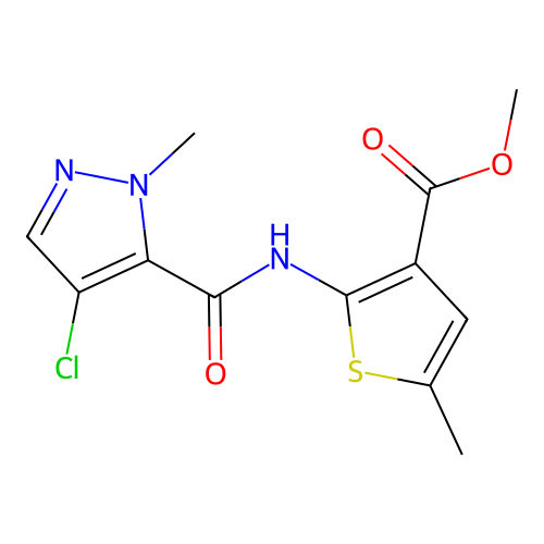 methyl 2-(4-chloro-1-methyl-1H-pyrazole-5-carboxamido)-5-methylthiophene-3-carboxylate structure