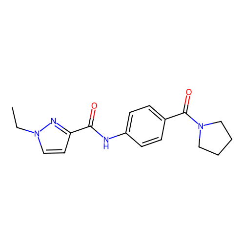 1-ethyl-N-[4-(pyrrolidine-1-carbonyl)phenyl]pyrazole-3-carboxamide structure