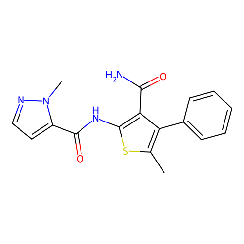 N-(3-carbamoyl-5-methyl-4-phenylthiophen-2-yl)-2-methylpyrazole-3-carboxamide structure