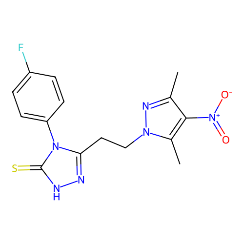 3-[2-(3,5-dimethyl-4-nitropyrazol-1-yl)ethyl]-4-(4-fluorophenyl)-1H-1,2,4-triazole-5-thione structure