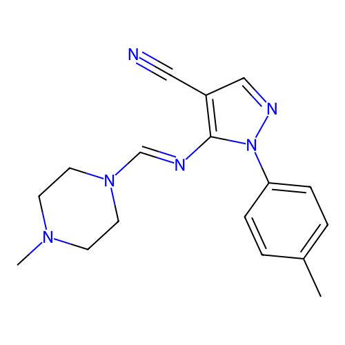 (E)-5-(((4-methylpiperazin-1-yl)methylene)amino)-1-(p-tolyl)-1H-pyrazole-4-carbonitrile structure