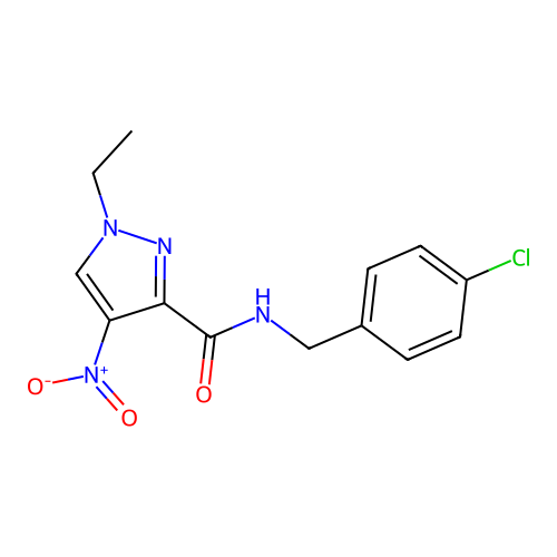 N-[(4-chlorophenyl)methyl]-1-ethyl-4-nitropyrazole-3-carboxamide structure